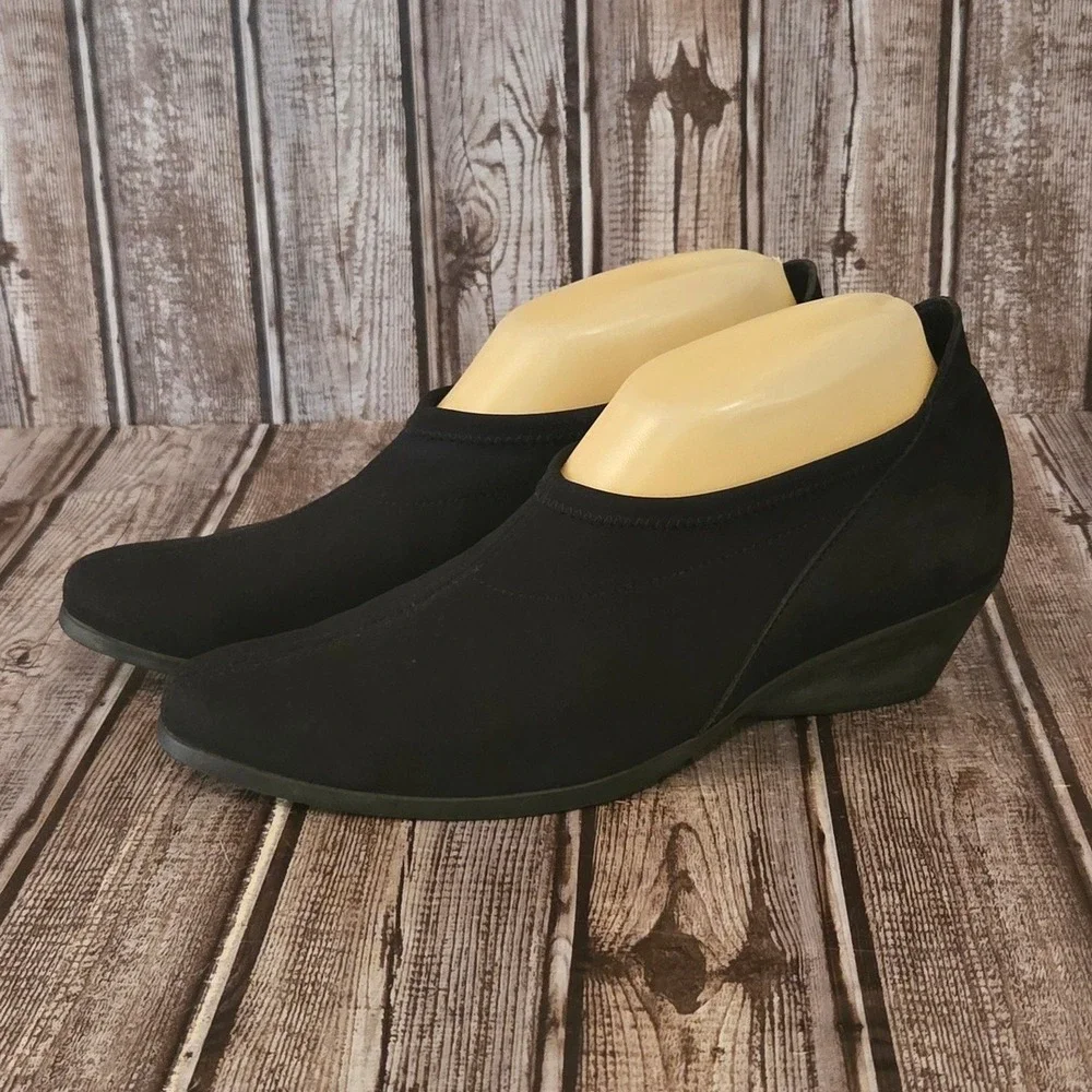 Sz 38 / 7 Arche Cyneth Black Nubuck /Stretch Low Wedge Slip-On Shoes VGUC